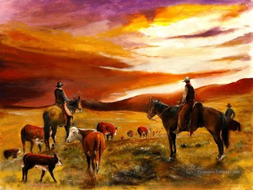 Cattle Drive Open Range Coucher de cow boy Peinture à l'huile